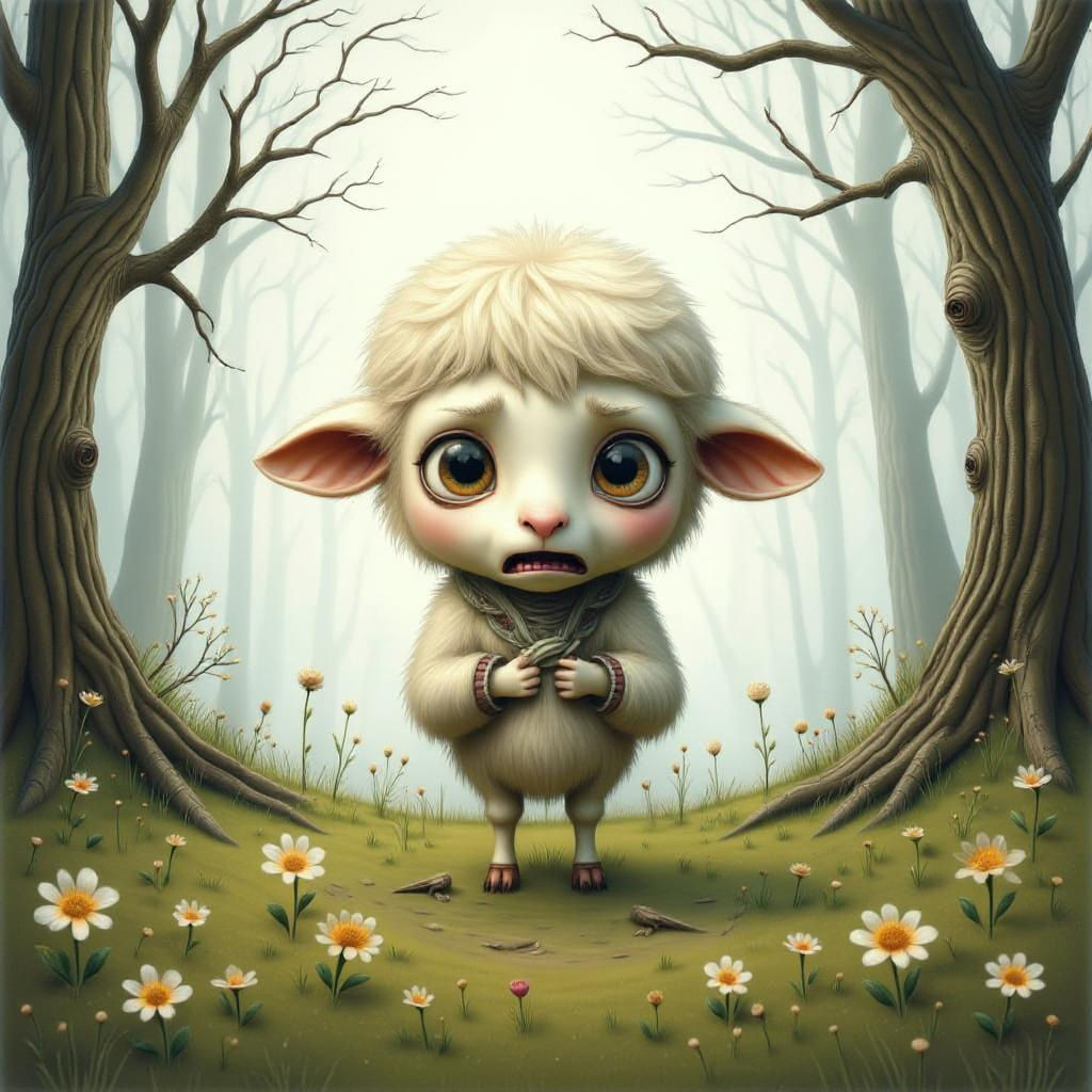 A nervous lamb. <lora:MO Branchlings:1.0> <lora:-Frickin Cute-:1.0> <lora:Crazy Eyes:1.0> <lora:Bohemian Whimsy:1.0> Art...