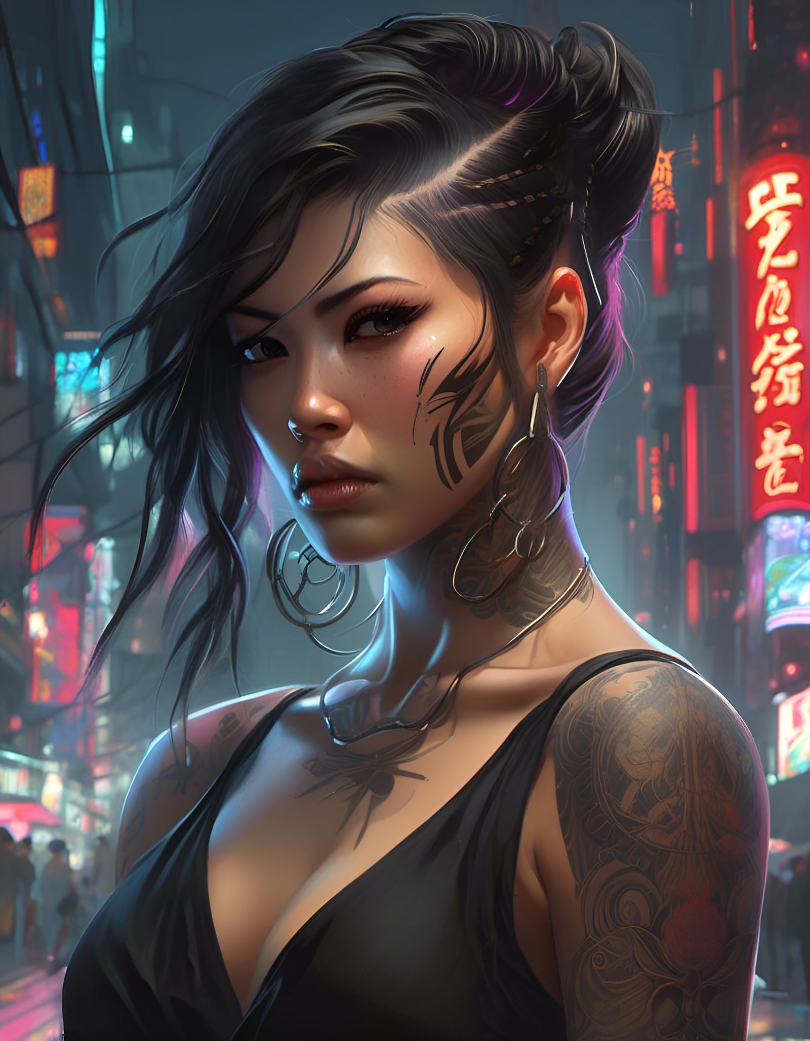 Cyberpunk Yakuza Girl with Tattoo Digital Art