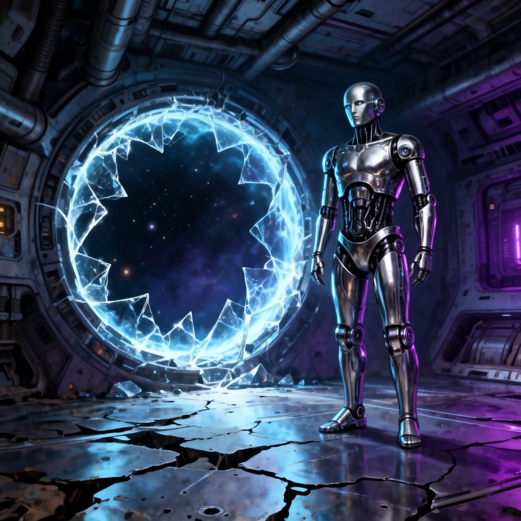 Stoic Android Guards Ruined Space Portal