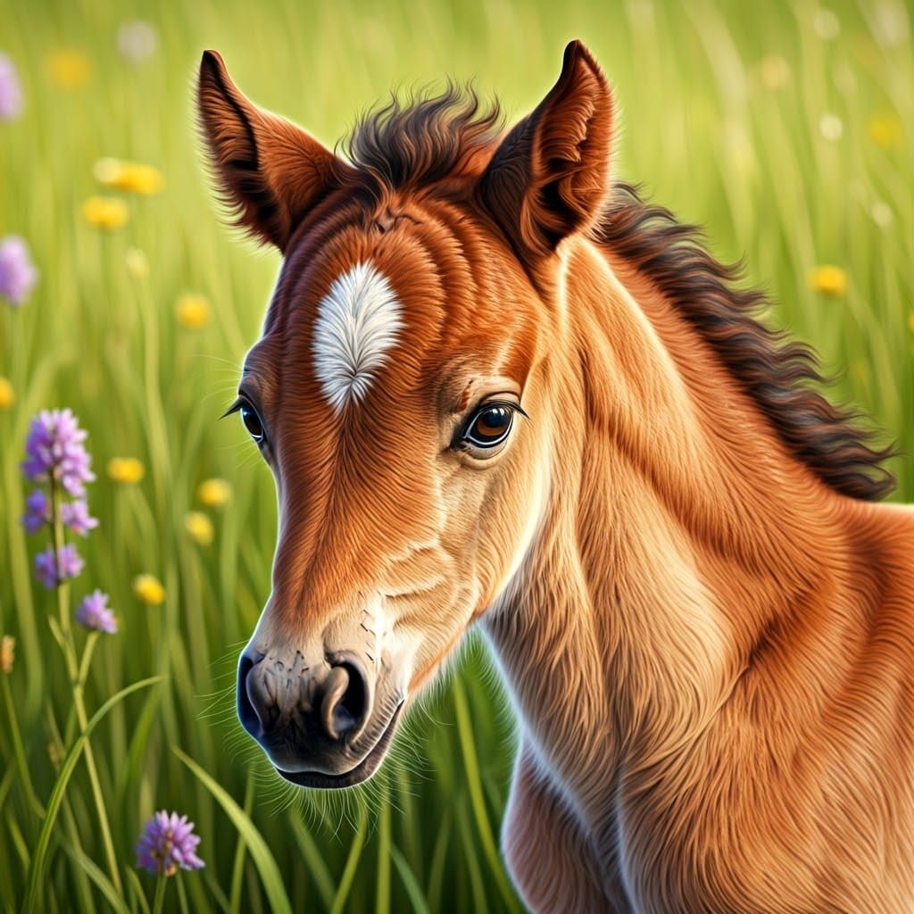 Baby Foal in Sunlit Meadow, Whimsical Art