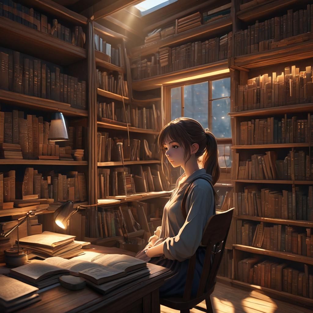 Cozy Anime Girl Surrounded by Bookshelves