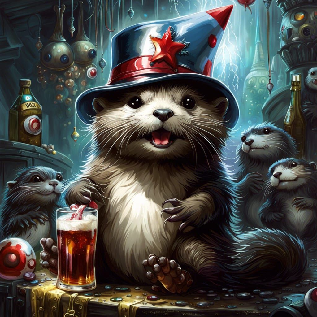 otter drinking root beer with a party hat