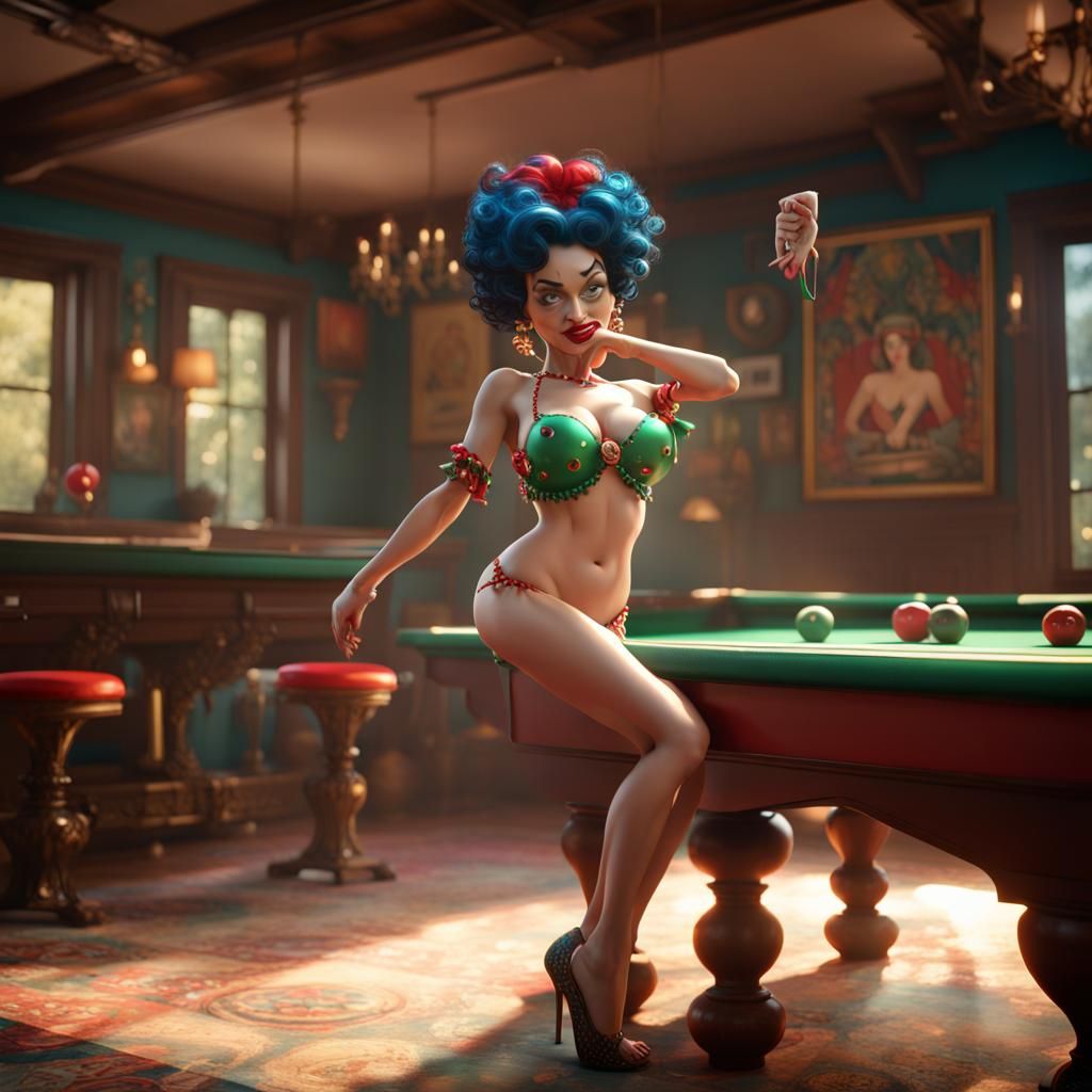 Betty Boop Jester Dances on Pool Table