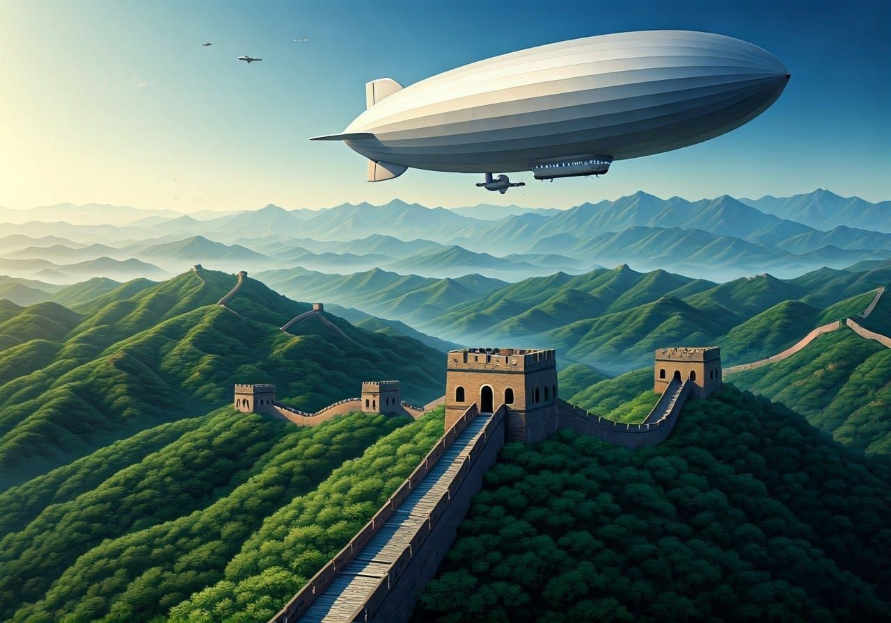 Sleek Dirigible Airship Soars Above Ancient Chinese Wall
