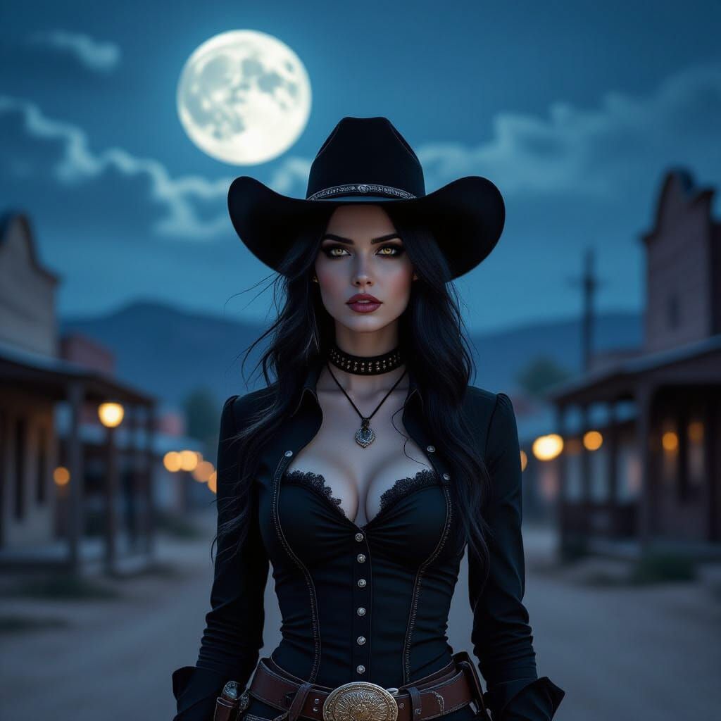 Gothic Cowboy Woman Under Moonlight