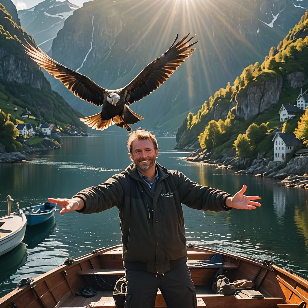 Fisherman's Selfie with Cormorant in Fjord