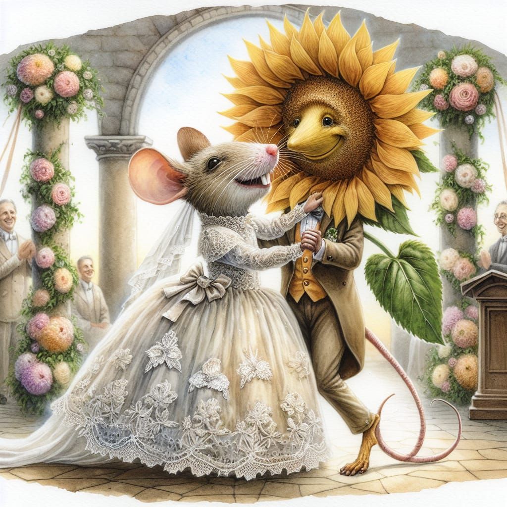 Romantic Whimsical Wedding Scene in Watercolor Style