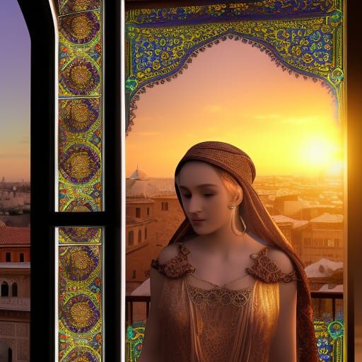 Exotic Princess Gazing from Harem Window at Sunset