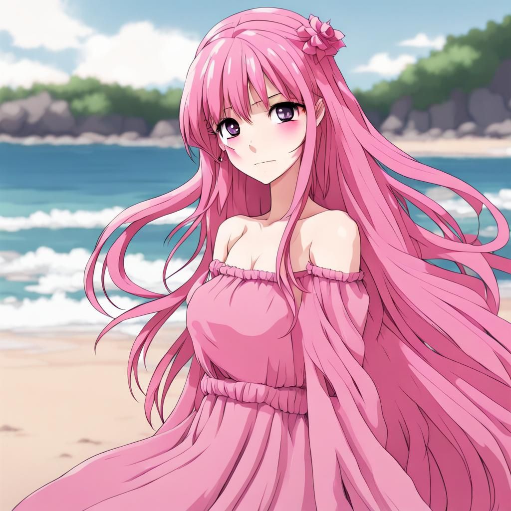 Anime Girl with Pink Hair on a Beach