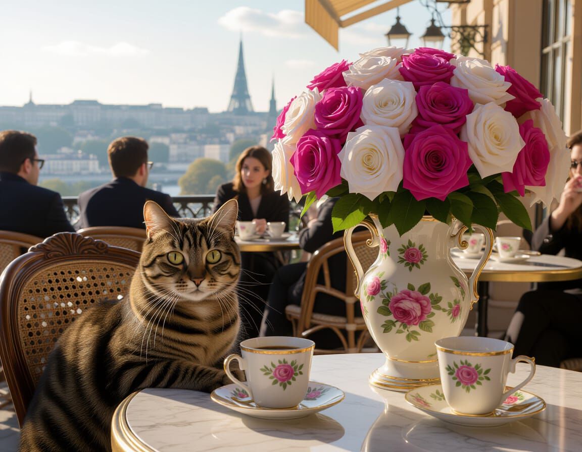 French Cafe Scene with Cat, Roses, and Coffee