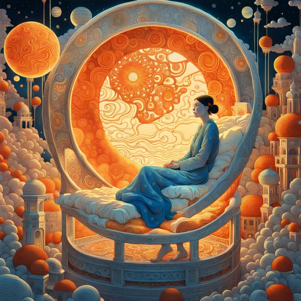 Woman in Surreal Sun and Moon Bed as Digital Art