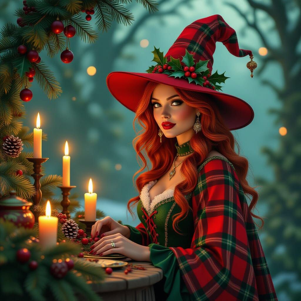 Redhead Christmas Witch at Yule Altar