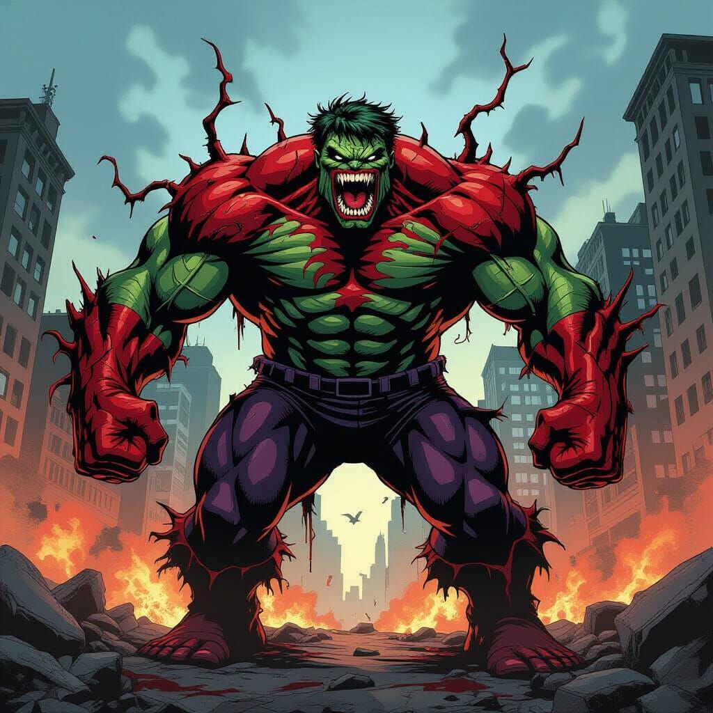 Hulk Carnage Hybrid Roaring in Gritty Cityscape