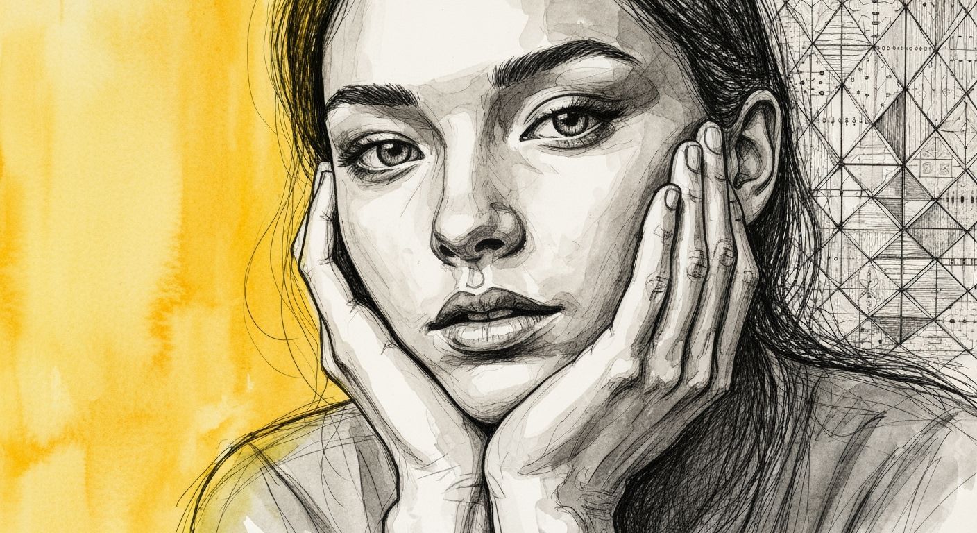 Abstract Ink Sketch of Woman's Face With Hand on Chin