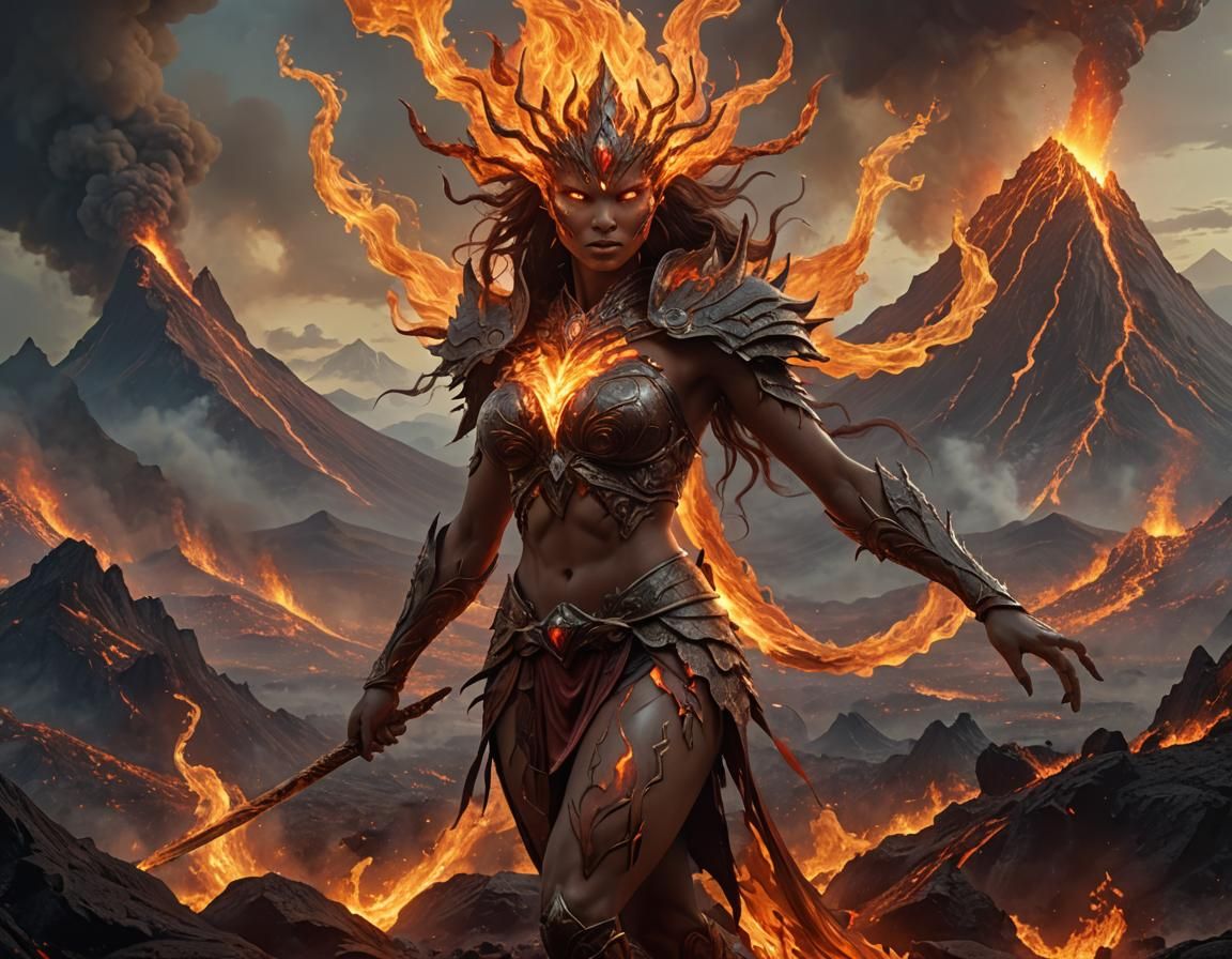 Female Fire Elemental in Volcanic Landscape