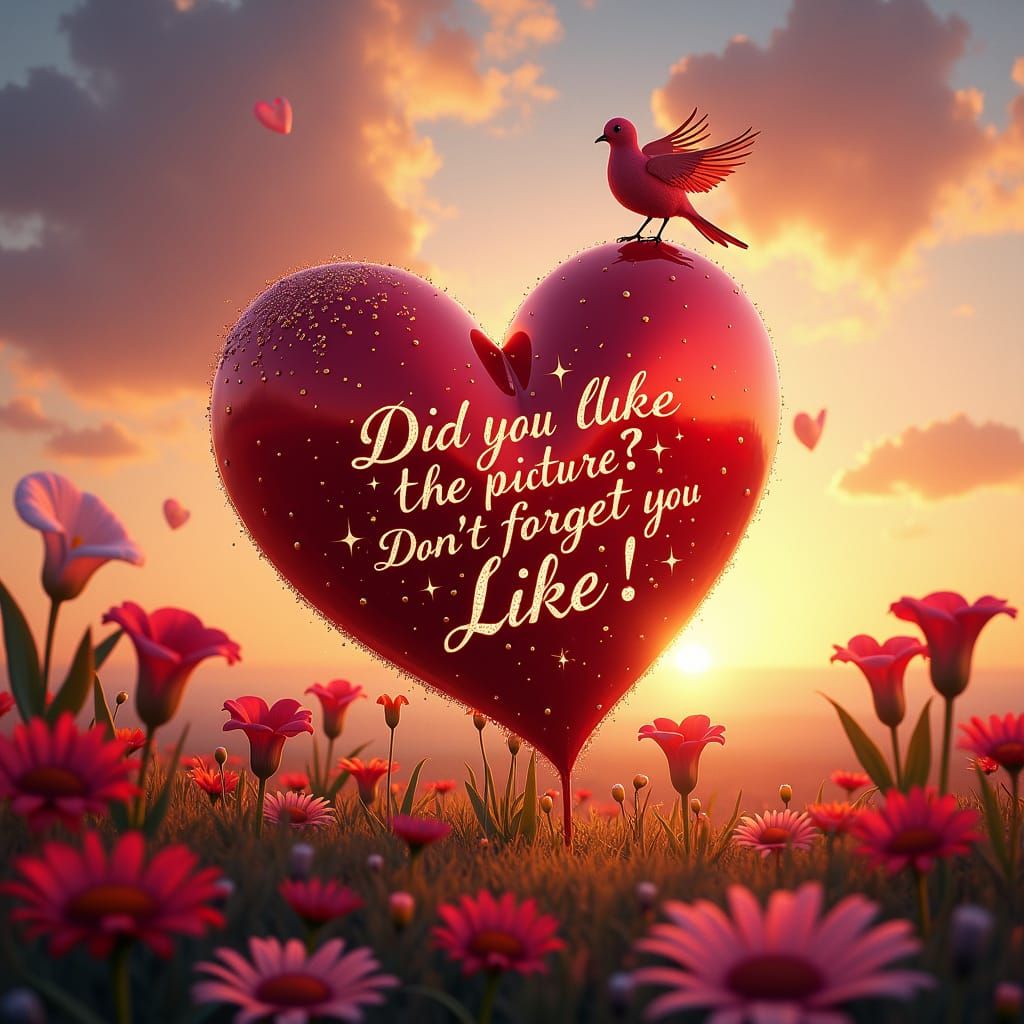 Glittering Heart with Flowers and Sunset Sky