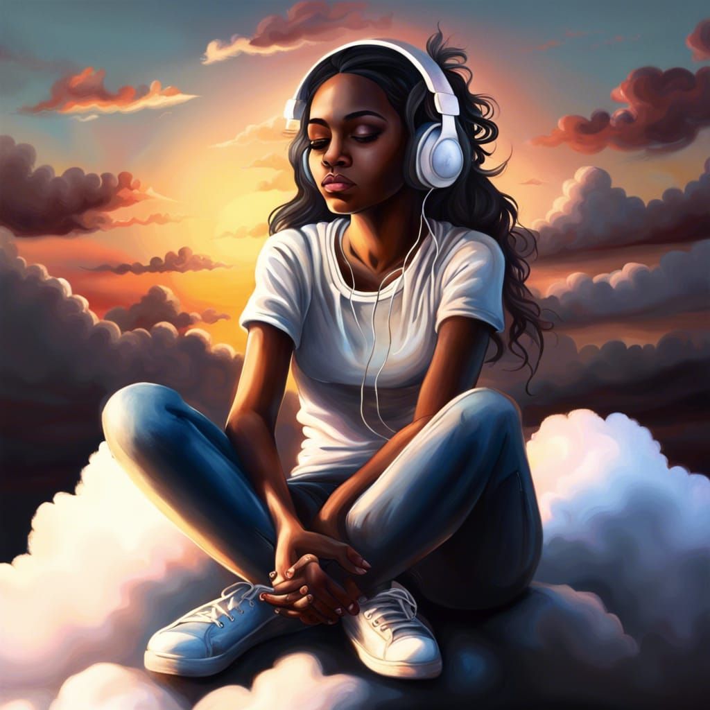 Girl with Headphones on Cloud at Sunset