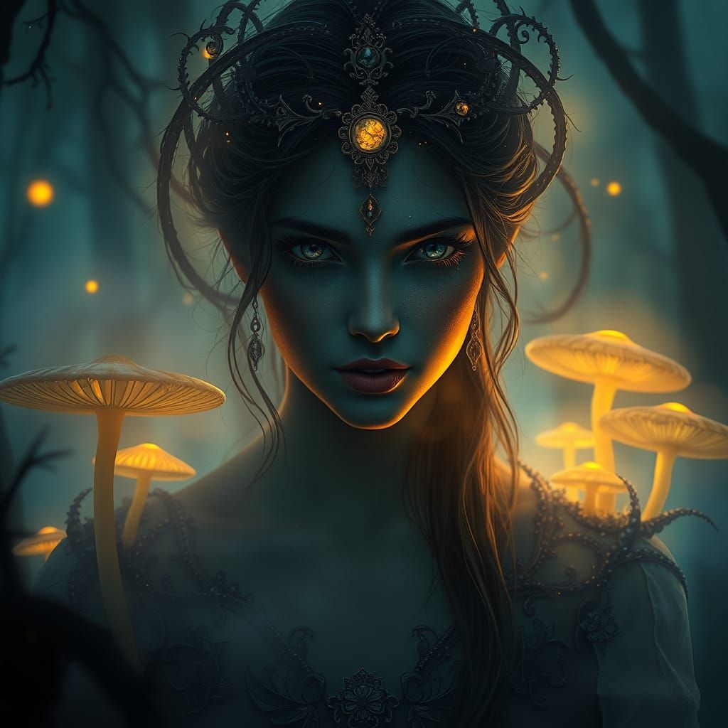 Spectral Princess in Misty Forest, Dark Fantasy Portrait
