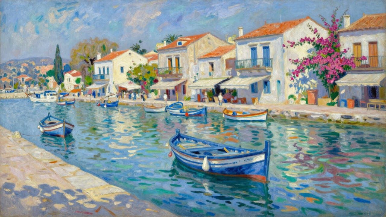Impressionist Oil Painting of a Mediterranean Harbor