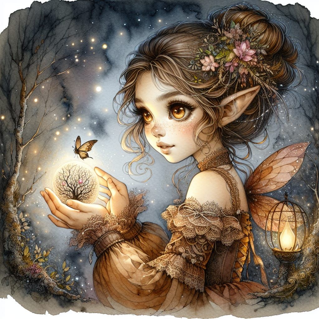 elver girl with a globe with a wintertree