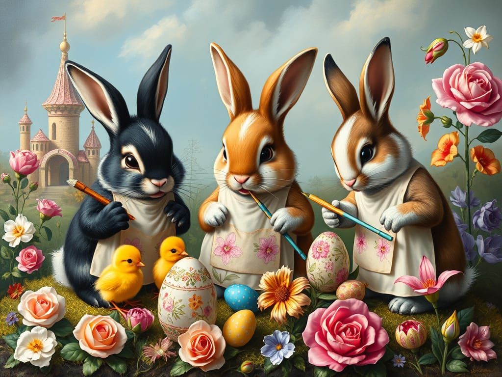 Easter Bunnies Painting Eggs in Surrealist Landscape