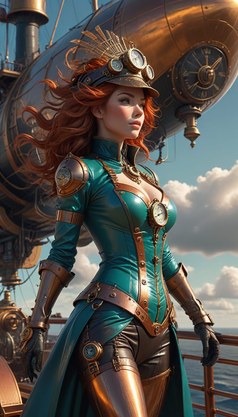 Steampunk Airship Adventure with Redhead Pilot