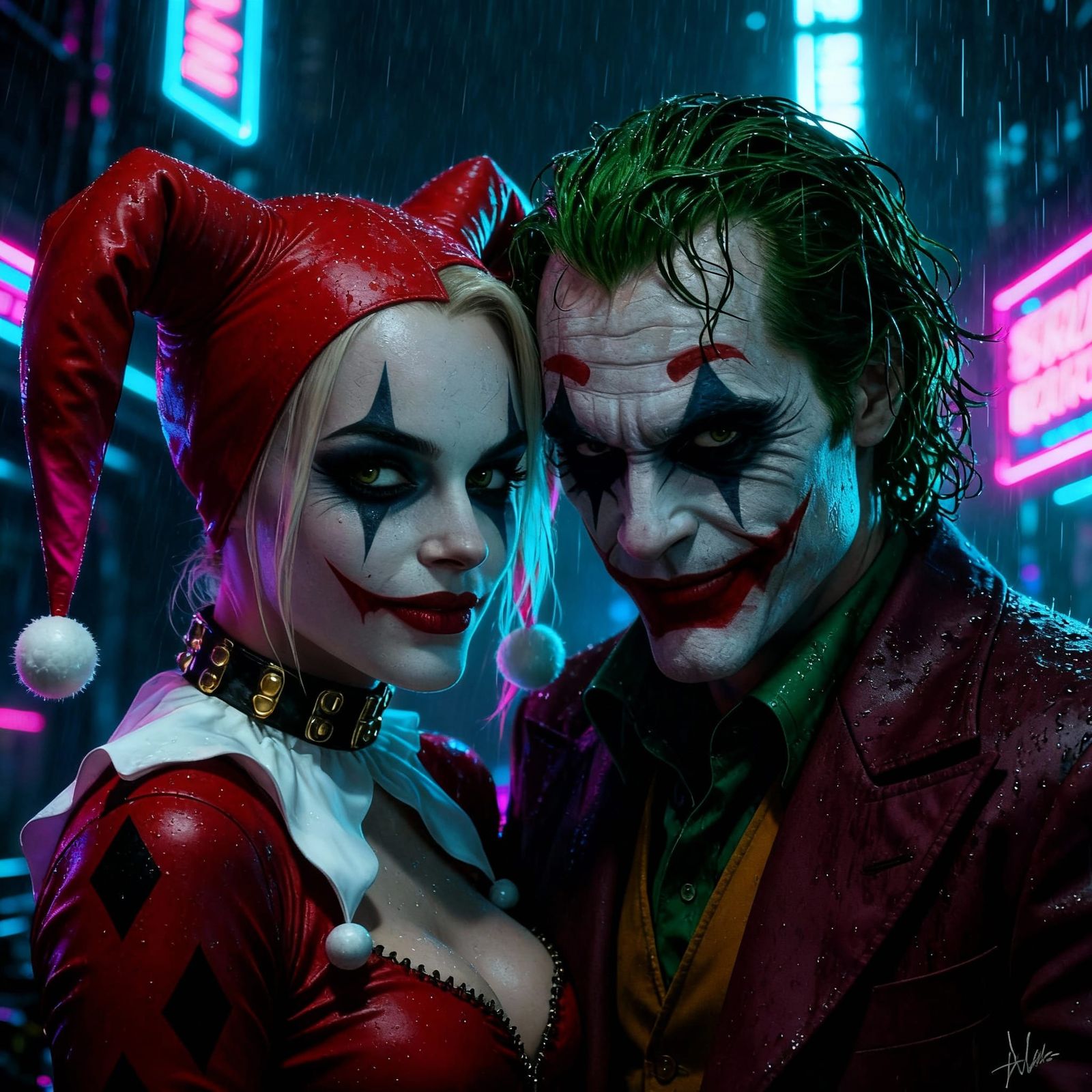 Harley Quinn and Joker in Dark Cinematic Cyberpunk Scene