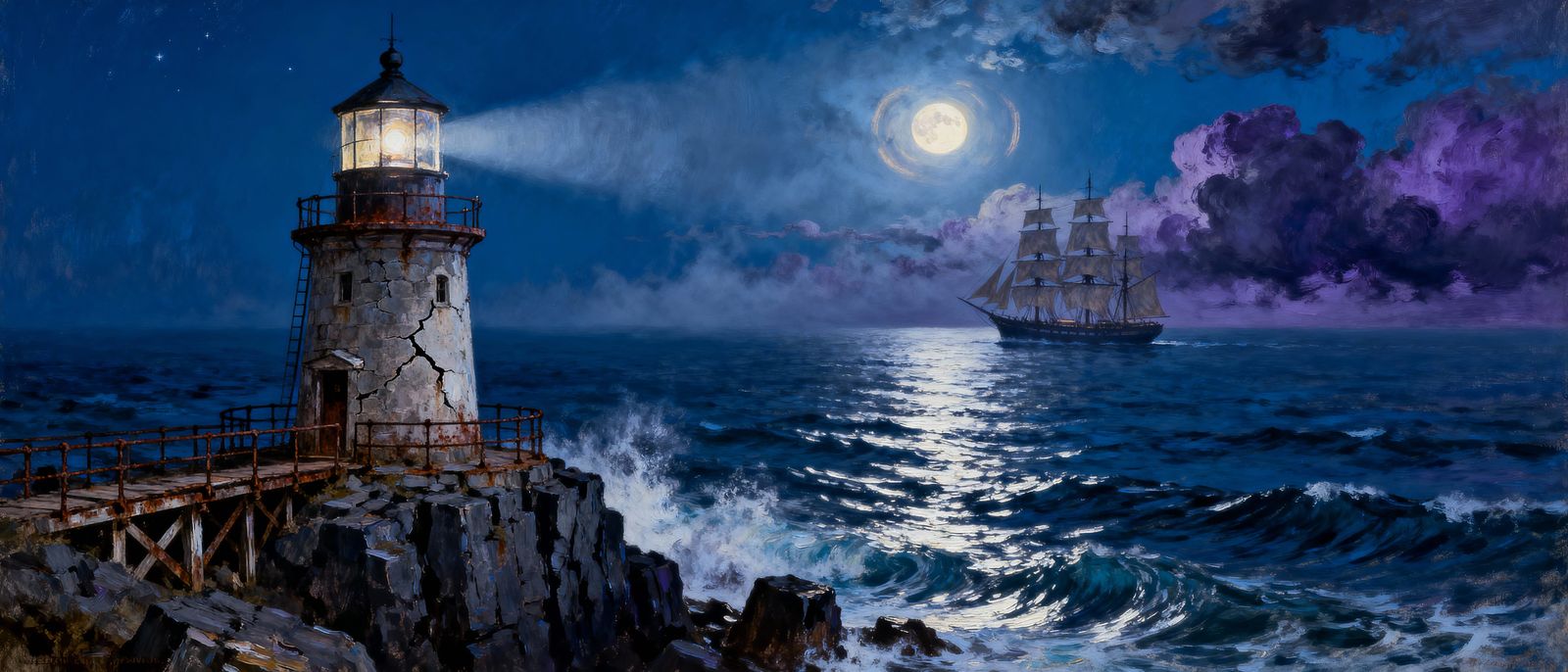 Lonely Lighthouse Beam Guides Ship Under Starry Night Sky