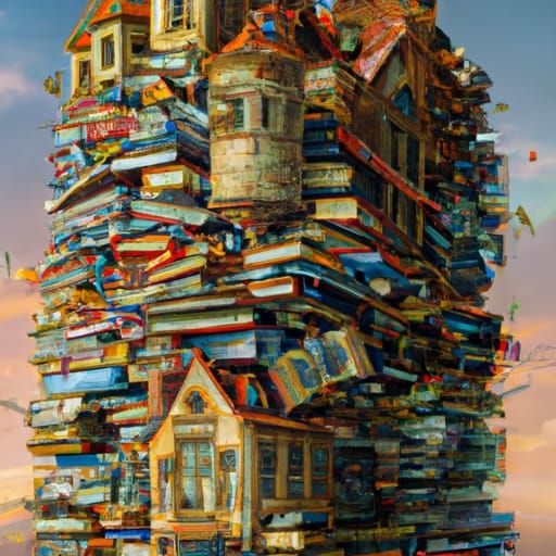 Fantastical Book House in Oil Painting Style