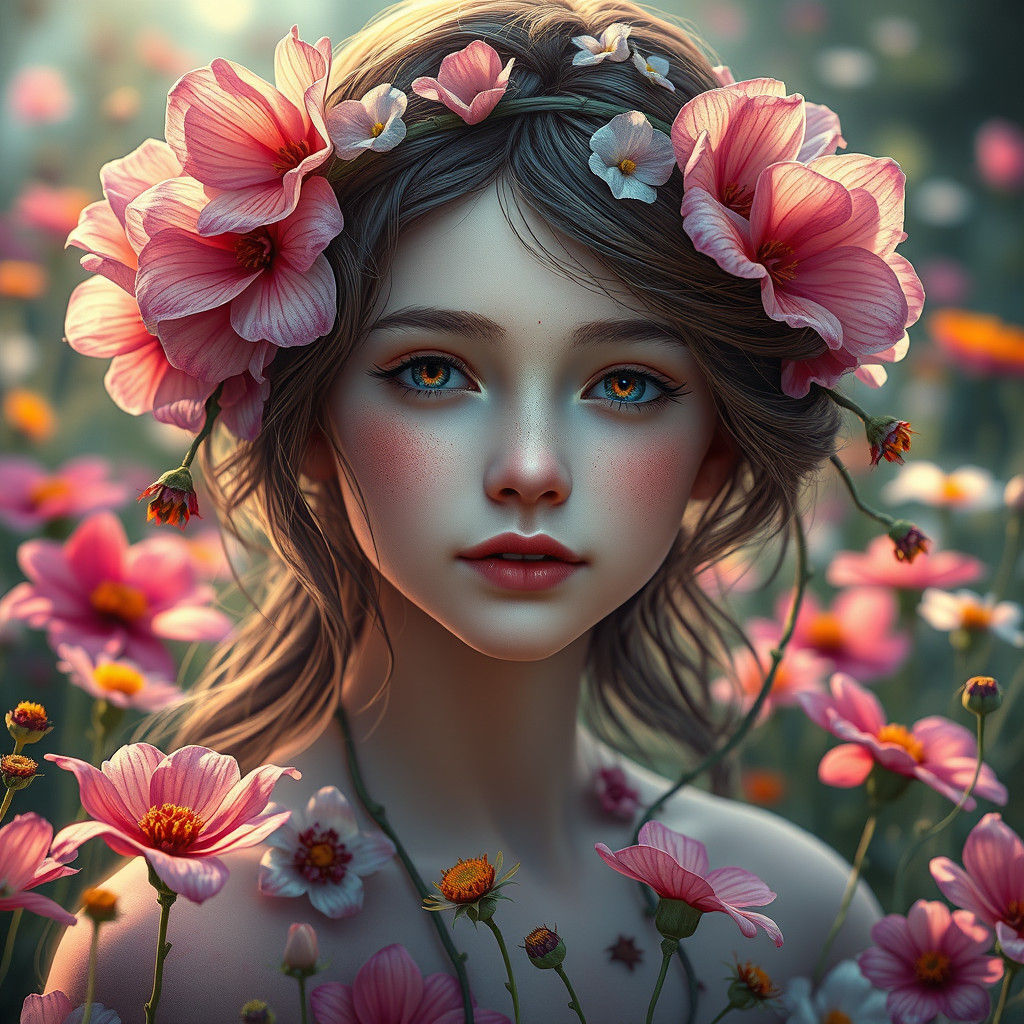 Ethereal Flower Girl in Lush Wildflower Field