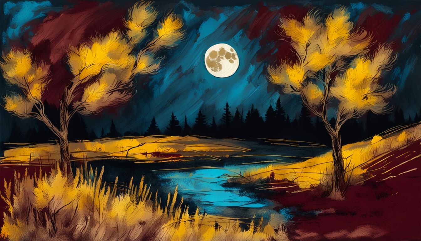 Moonlit Autumn Landscape in Impasto Style