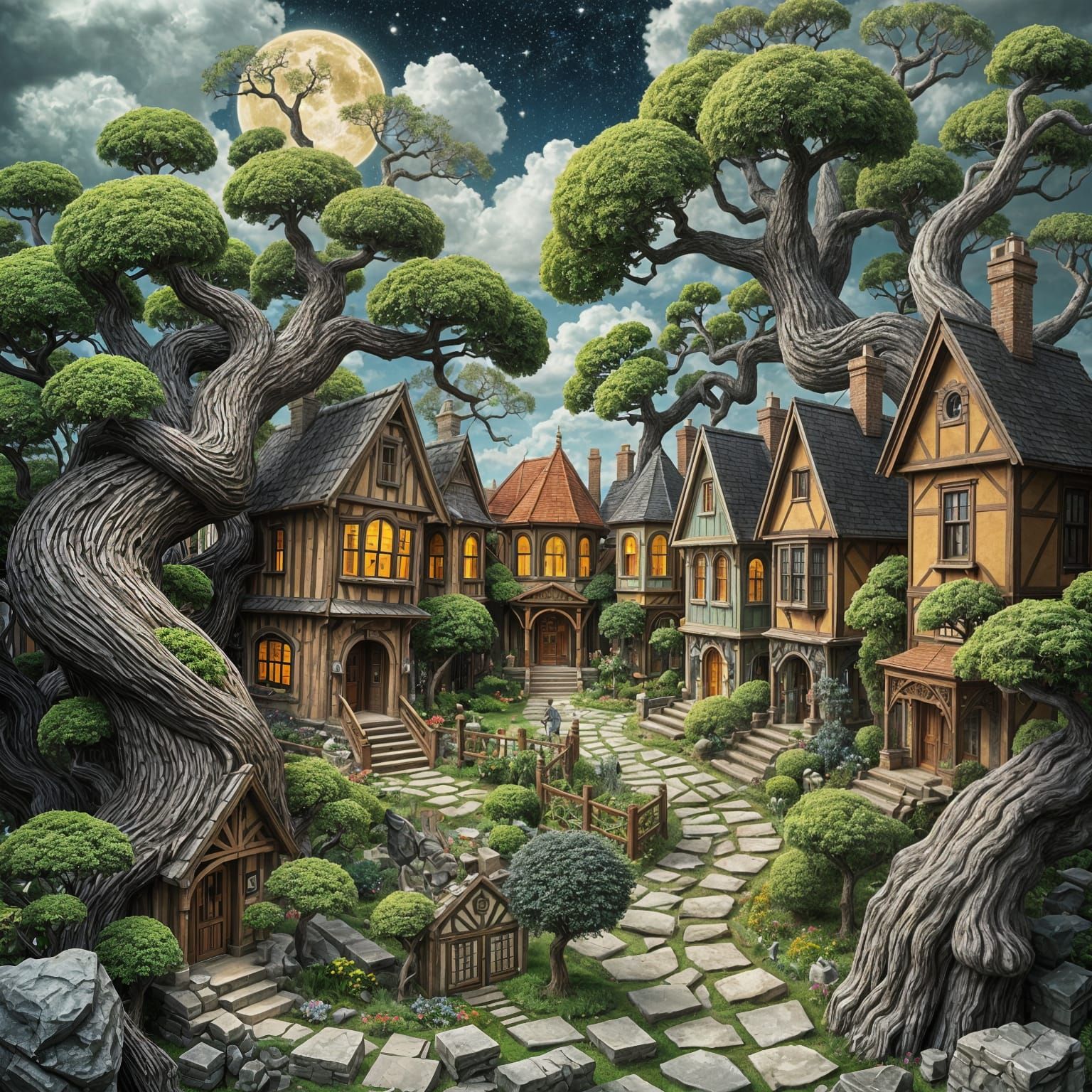 Surreal Cubist Victorian Village in Bonsai Stargate