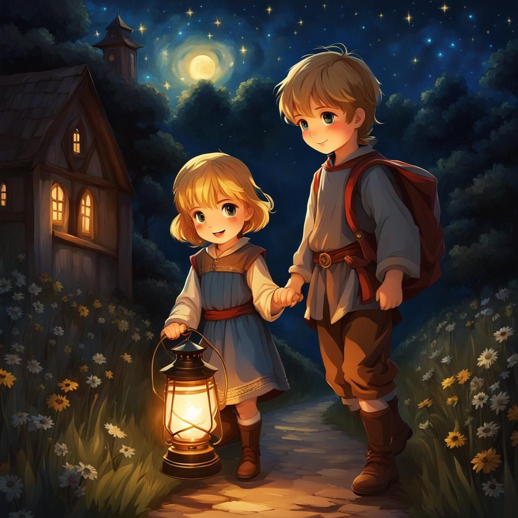 Chiaroscuro Brother Guides Sister Through Evening Landscape...