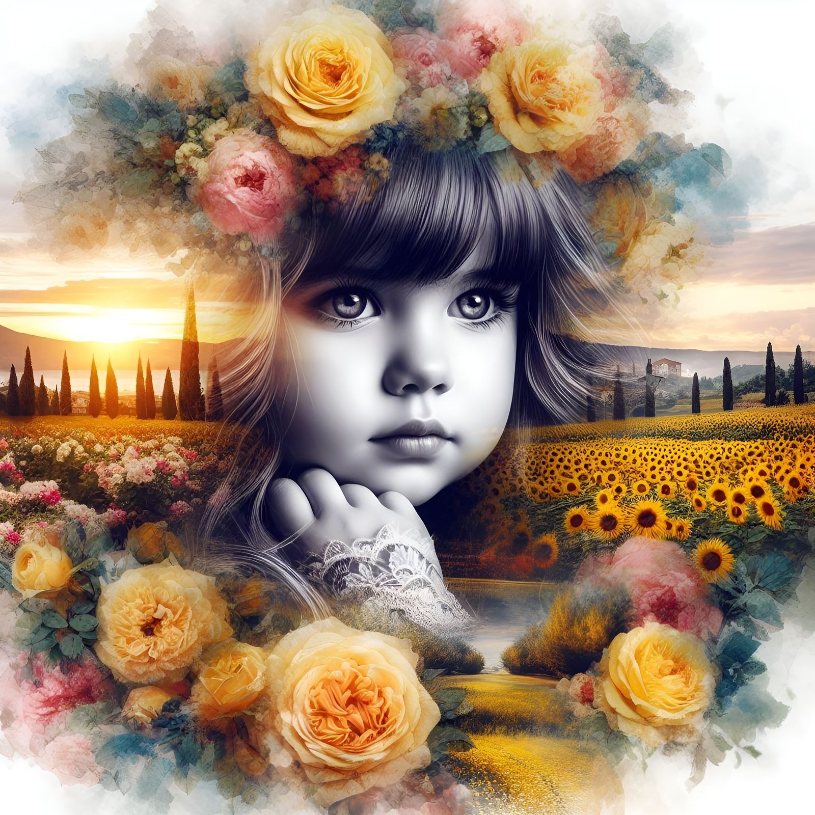 Double Exposure image of a young lady and sunflower fields a...