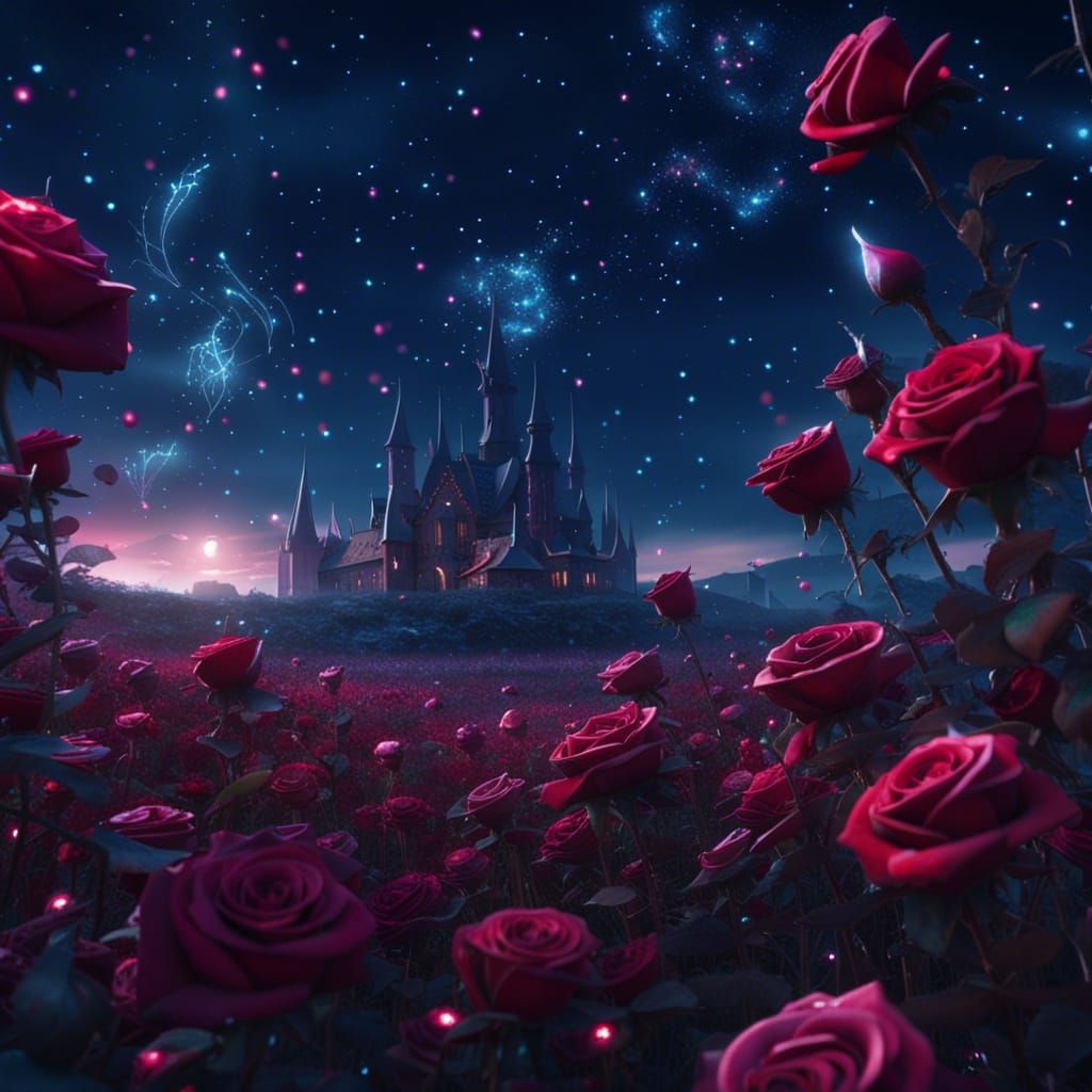 Enchanted Roses Under a Starry Night Sky