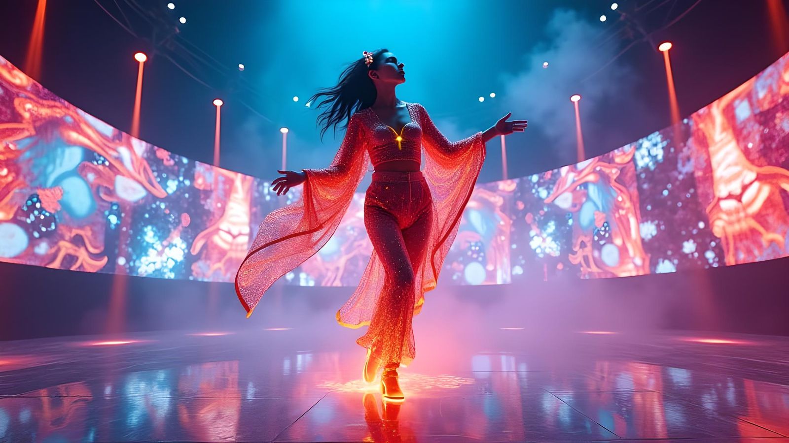 Futuristic Dancer in Cyberpunk Fashion on Stage