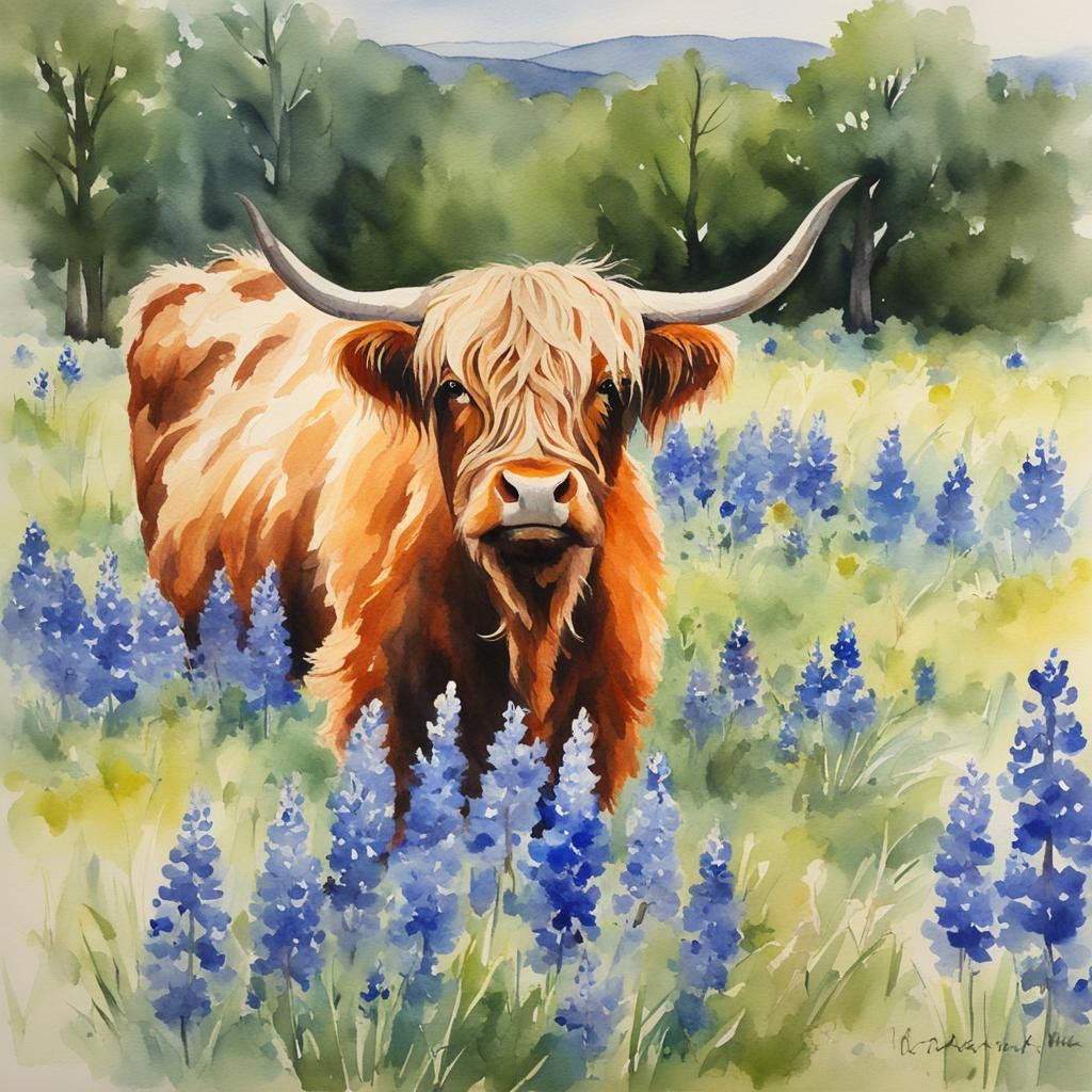 Highland Cow Grazing in Bluebonnet Meadow: Watercolor