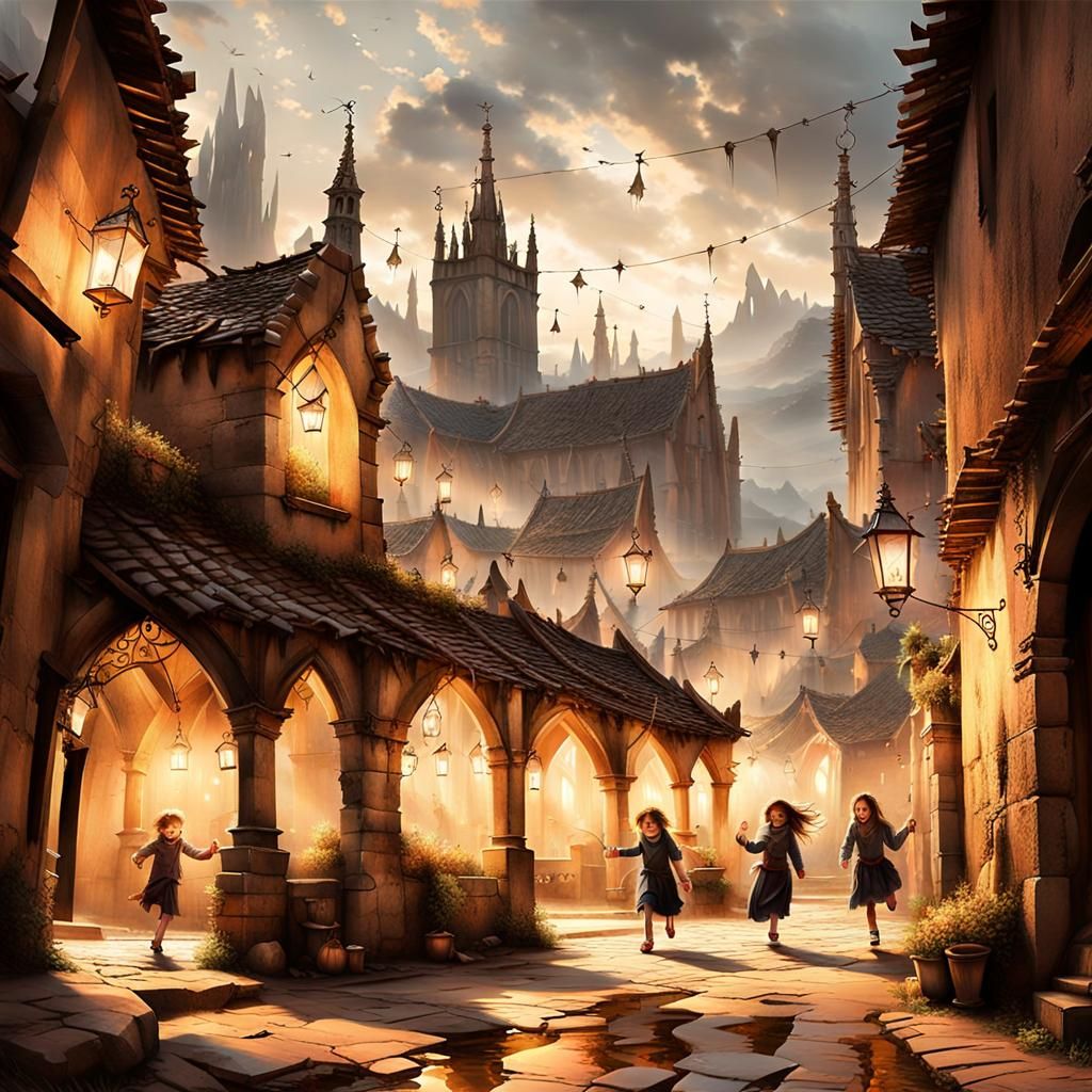 Gothic Village: Children Playing in Twilight