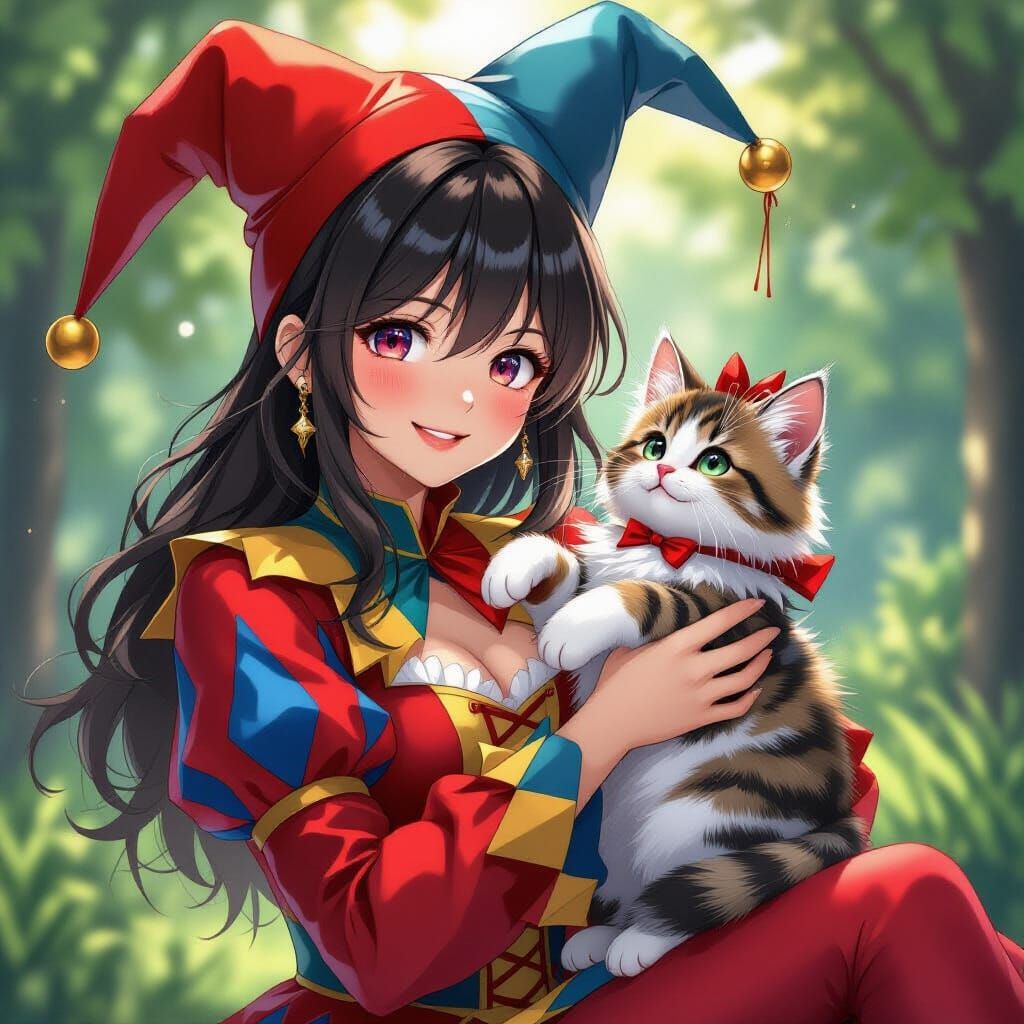 Anime Jester Woman Plays With Kitten in Dynamic Style