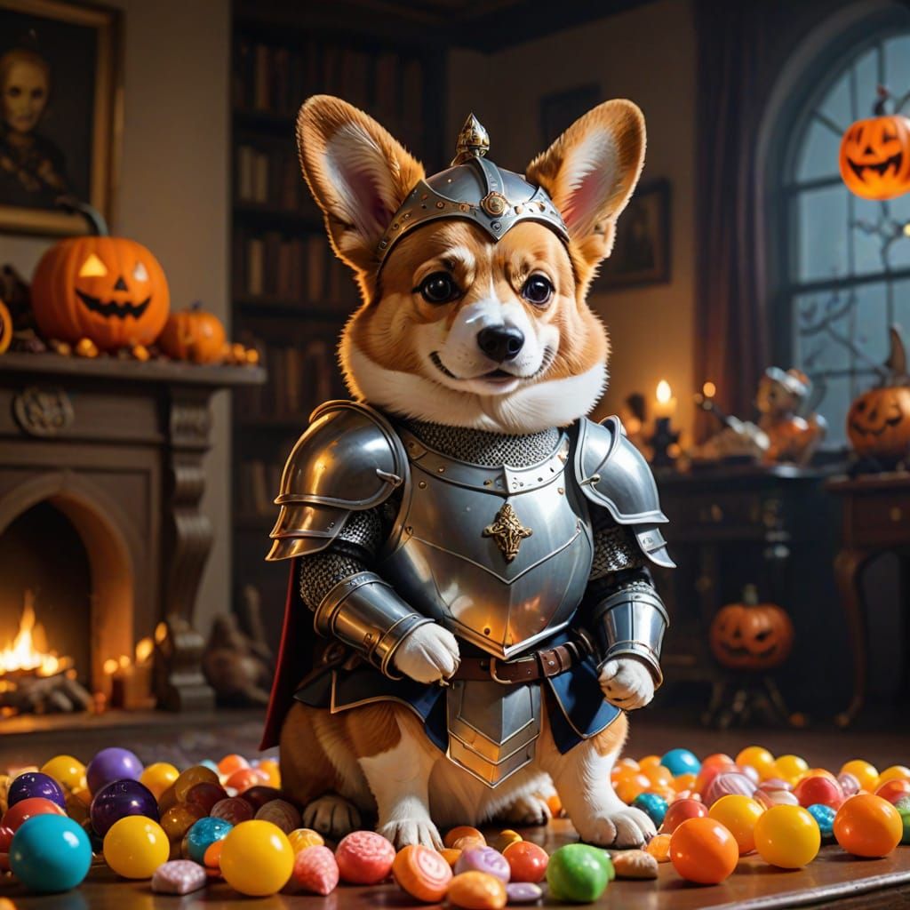 Regal Corgi Knight Guards Candy in Halloween Living Room