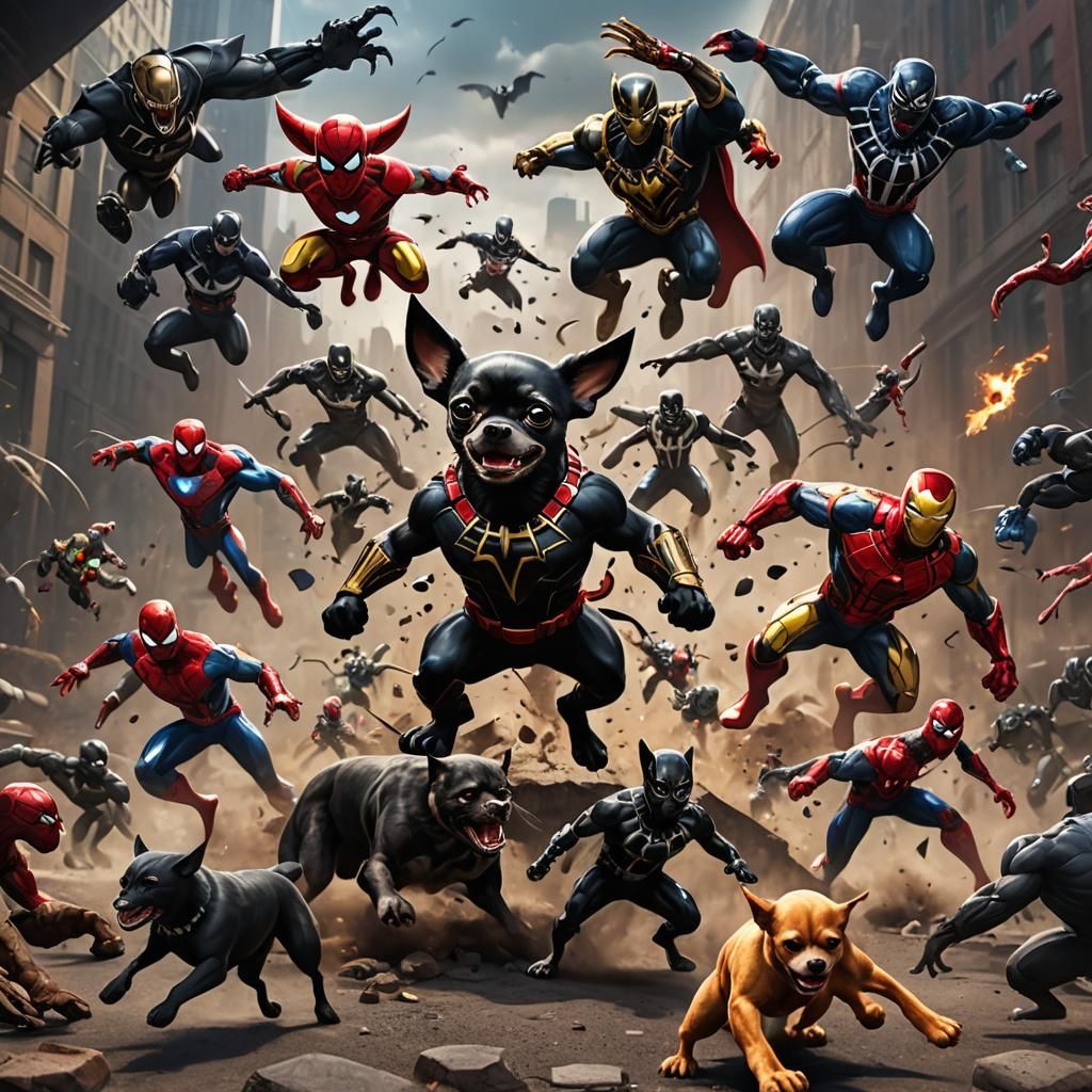 Chihuahua Battles Avengers: Detailed Fantasy Concept Art