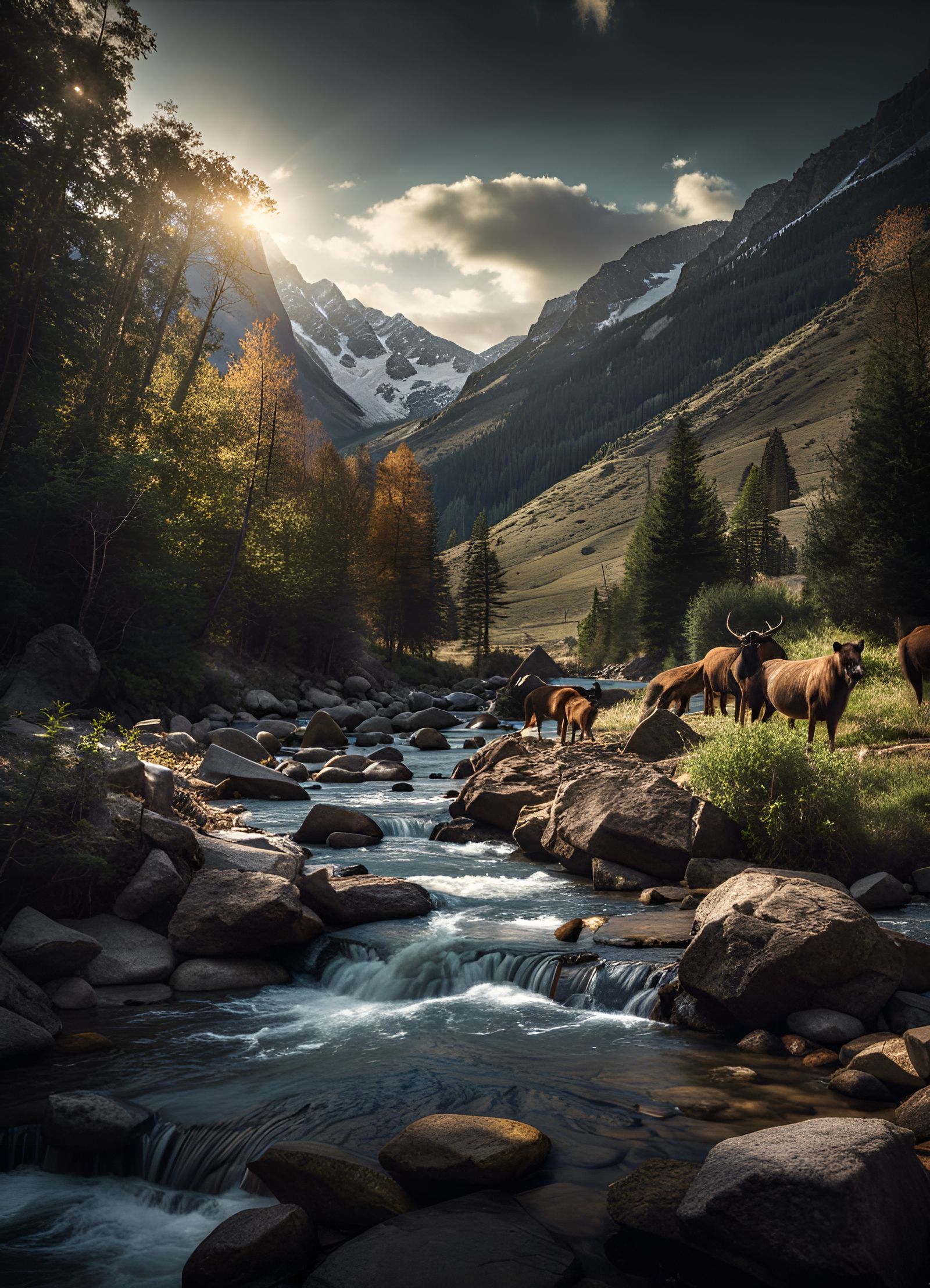 Hyperrealistic Mountain Stream with Wildlife in HDR