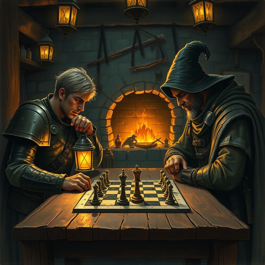 Adventurers Play Chess in Tavern, Fantasy Art