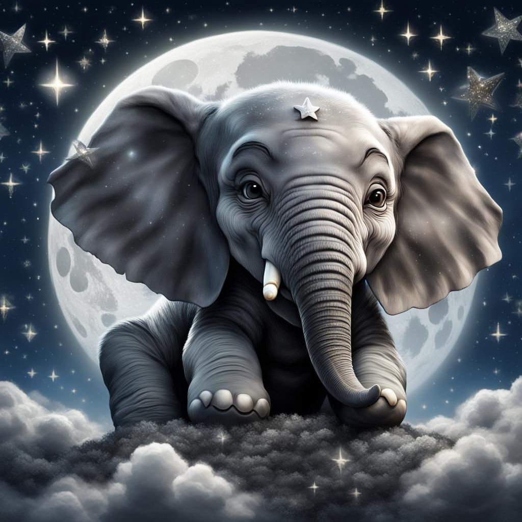 Baby Elephant Sleeps on Moon in Starry Night