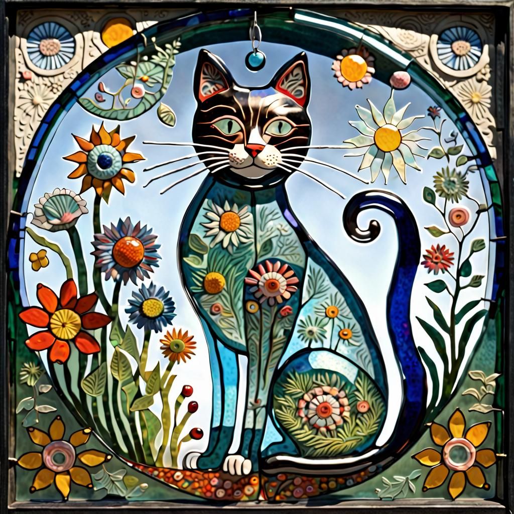 Whimsical Glass Cat Suncatcher in Folk Art Style