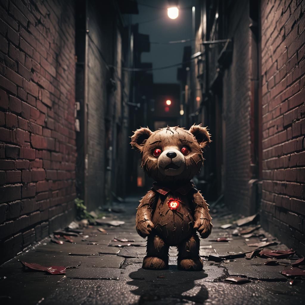 Sinister Teddy Bear in Dark Alley: Hyperrealistic Art