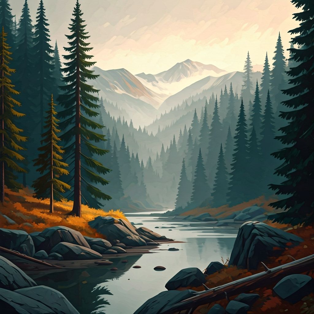 Misty Boreal Forest Landscape Painting