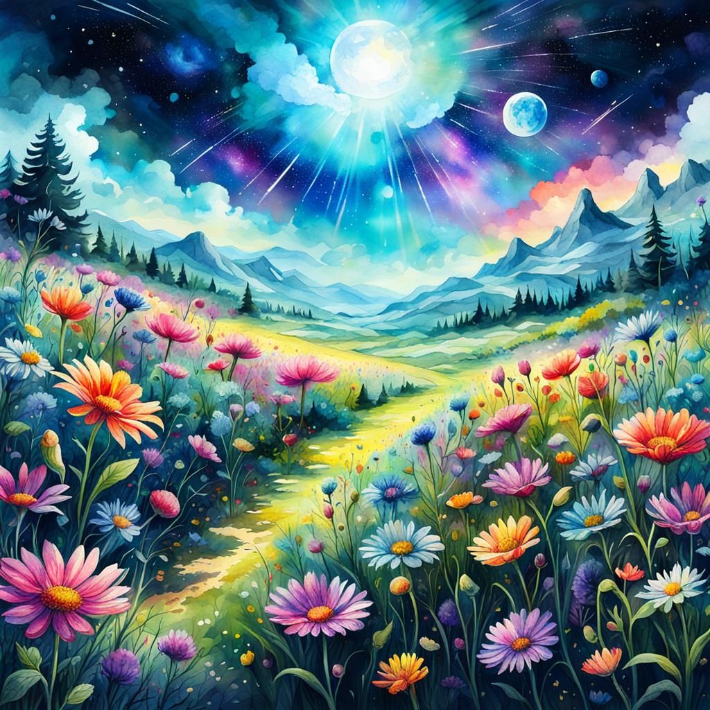 Watercolor Flower Meadow with Cosmic Elements