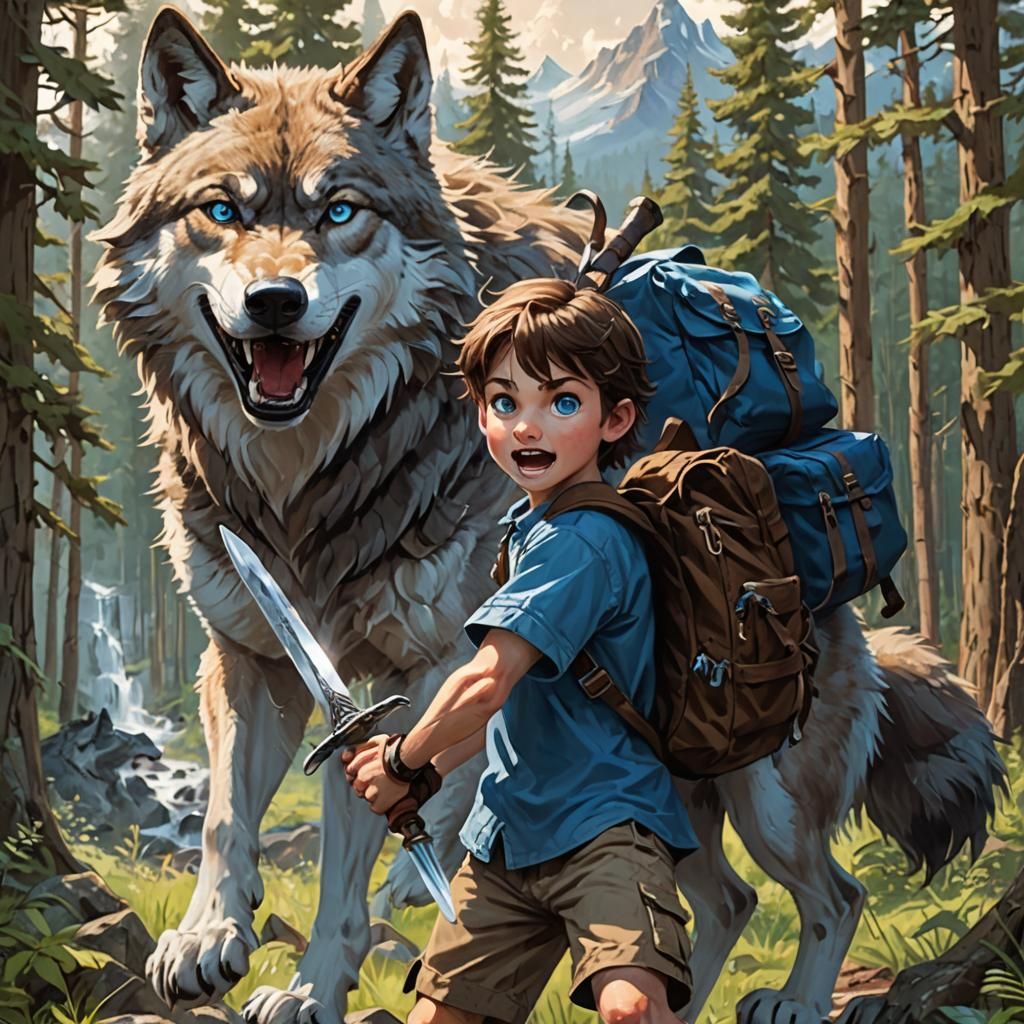 Boy with Sword and Blue Wolf in Forest