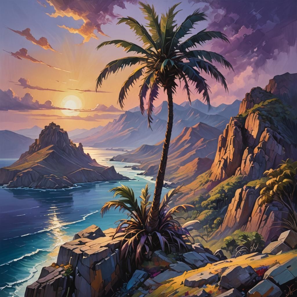 Majestic Palm on Cliff, Landscape Painting